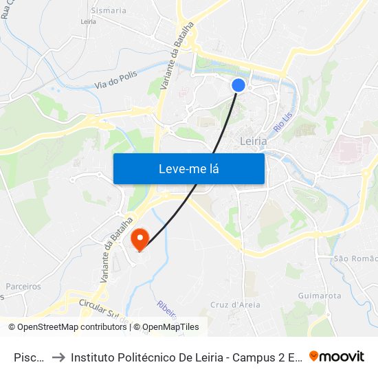 Piscinas to Instituto Politécnico De Leiria - Campus 2 Estg / Esslei / Ued map