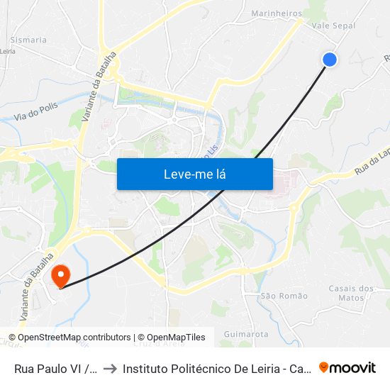 Rua Paulo VI / Marinheiros to Instituto Politécnico De Leiria - Campus 2 Estg / Esslei / Ued map