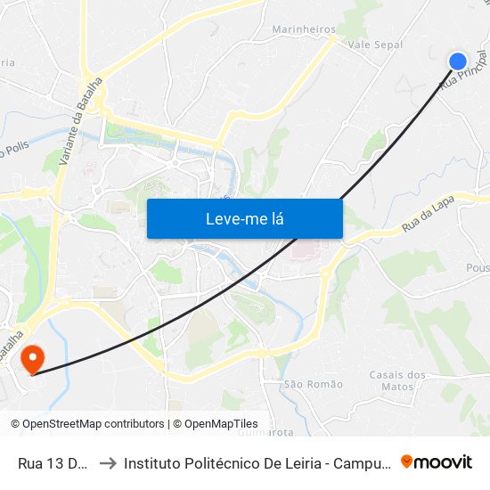 Rua 13 De Junho to Instituto Politécnico De Leiria - Campus 2 Estg / Esslei / Ued map