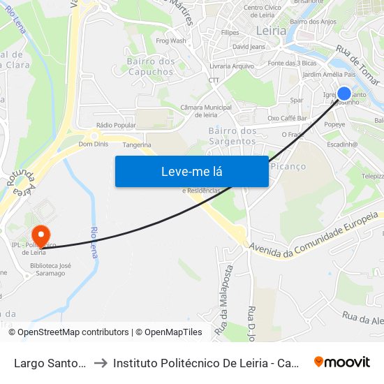 Largo Santo Agostinho to Instituto Politécnico De Leiria - Campus 2 Estg / Esslei / Ued map