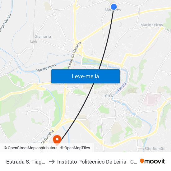 Estrada S. Tiago / Jf Marrazes to Instituto Politécnico De Leiria - Campus 2 Estg / Esslei / Ued map