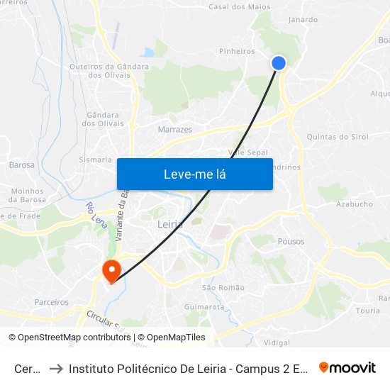 Cercilei to Instituto Politécnico De Leiria - Campus 2 Estg / Esslei / Ued map