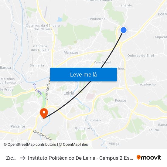Zicofa to Instituto Politécnico De Leiria - Campus 2 Estg / Esslei / Ued map