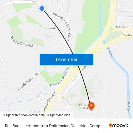 Rua Santa Clara to Instituto Politécnico De Leiria - Campus 2 Estg / Esslei / Ued map