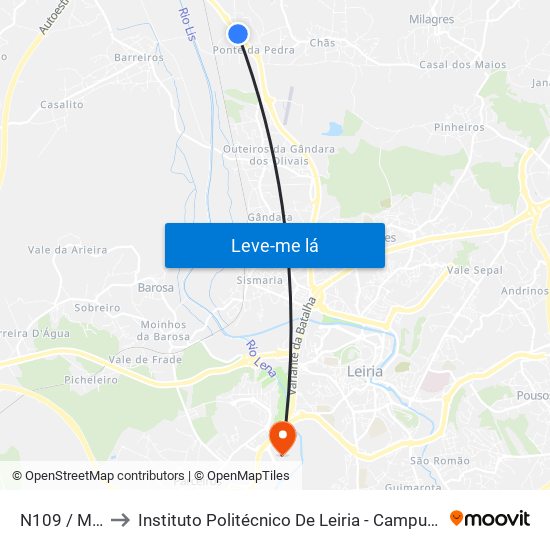 N109 / Matoeira to Instituto Politécnico De Leiria - Campus 2 Estg / Esslei / Ued map