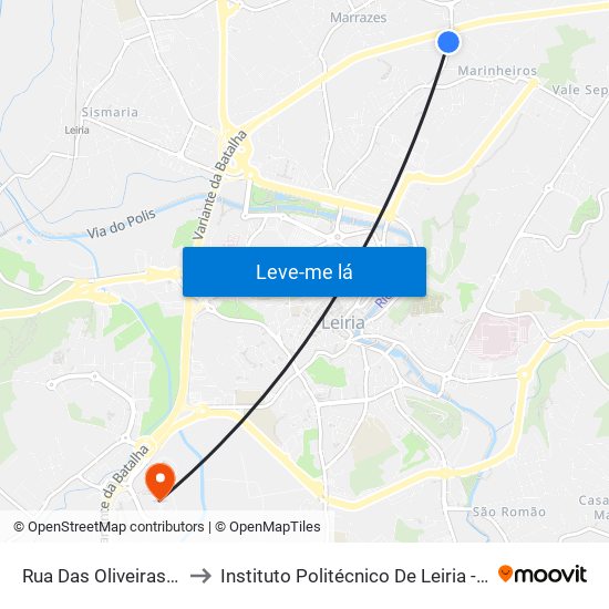 Rua Das Oliveiras / Rua 20 De Junho to Instituto Politécnico De Leiria - Campus 2 Estg / Esslei / Ued map
