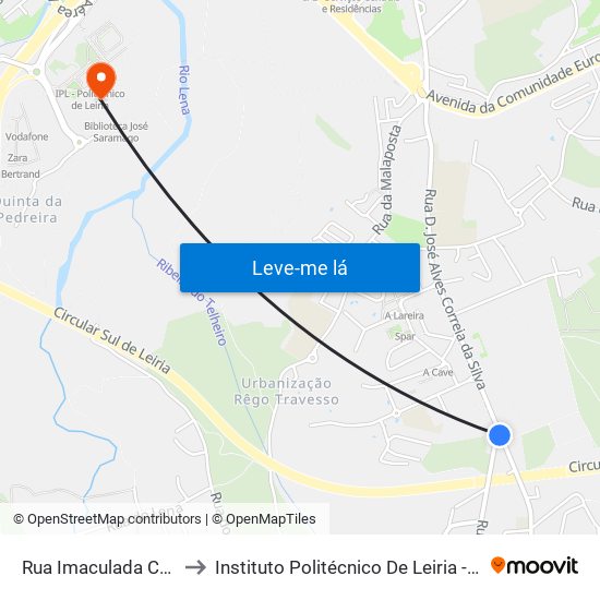 Rua Imaculada Conceição / Quartel to Instituto Politécnico De Leiria - Campus 2 Estg / Esslei / Ued map