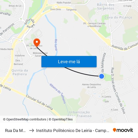 Rua Da Malaposta to Instituto Politécnico De Leiria - Campus 2 Estg / Esslei / Ued map