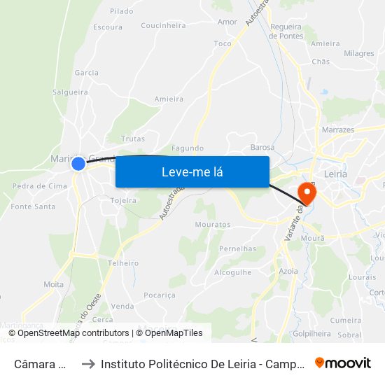 Câmara Municipal to Instituto Politécnico De Leiria - Campus 2 Estg / Esslei / Ued map