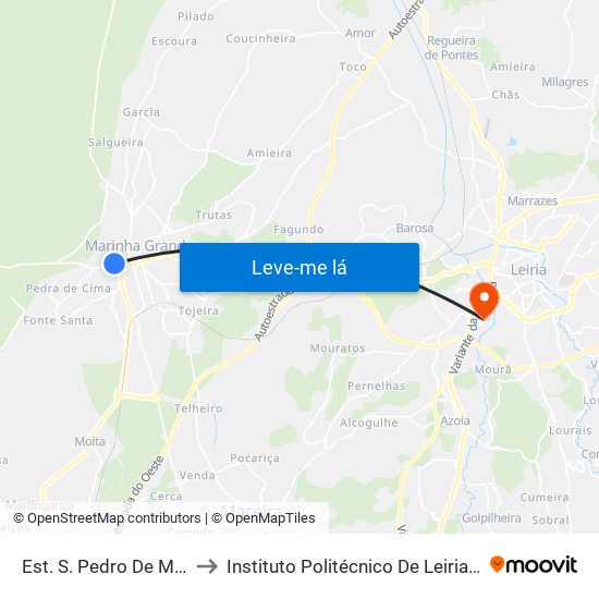 Est. S. Pedro De Moel (Zona Comercial) to Instituto Politécnico De Leiria - Campus 2 Estg / Esslei / Ued map