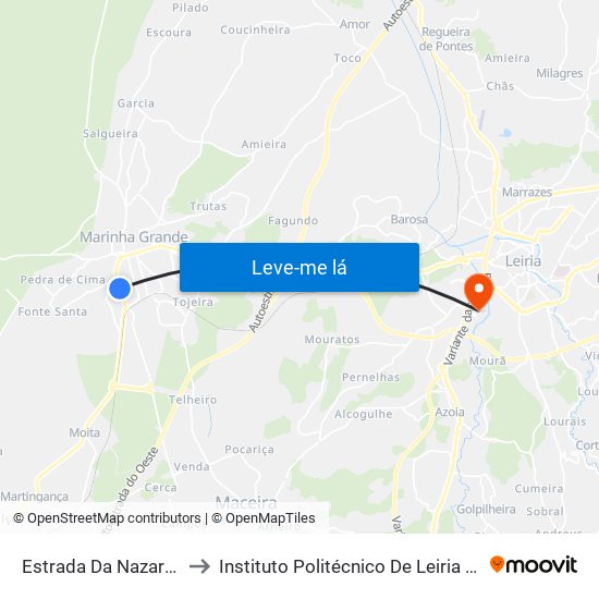 Estrada Da Nazaré (Zona Comercial) to Instituto Politécnico De Leiria - Campus 2 Estg / Esslei / Ued map