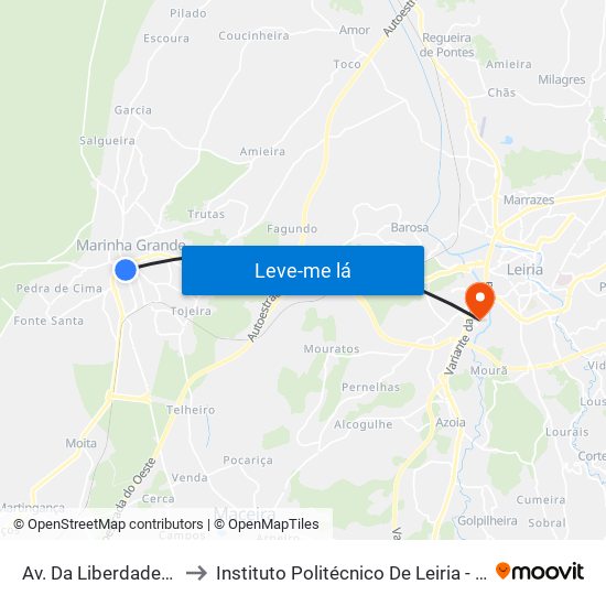 Av. Da Liberdade (Zona Comercial) to Instituto Politécnico De Leiria - Campus 2 Estg / Esslei / Ued map