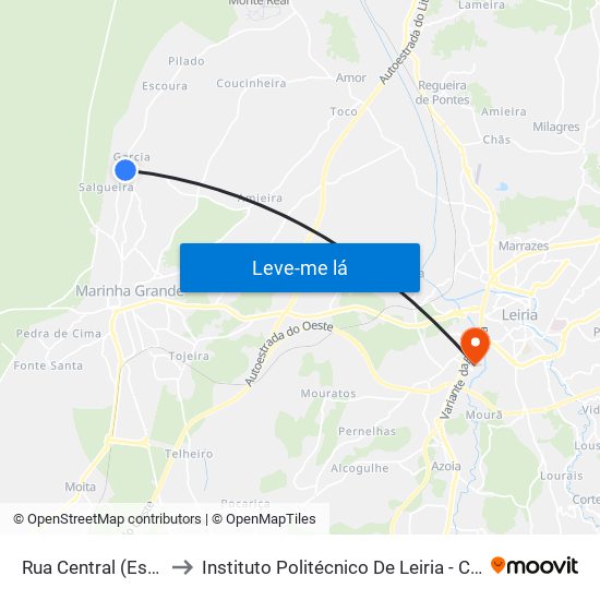 Rua Central (Escola Da Garcia) to Instituto Politécnico De Leiria - Campus 2 Estg / Esslei / Ued map