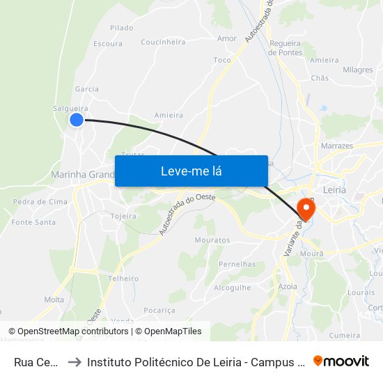 Rua Central 2 to Instituto Politécnico De Leiria - Campus 2 Estg / Esslei / Ued map