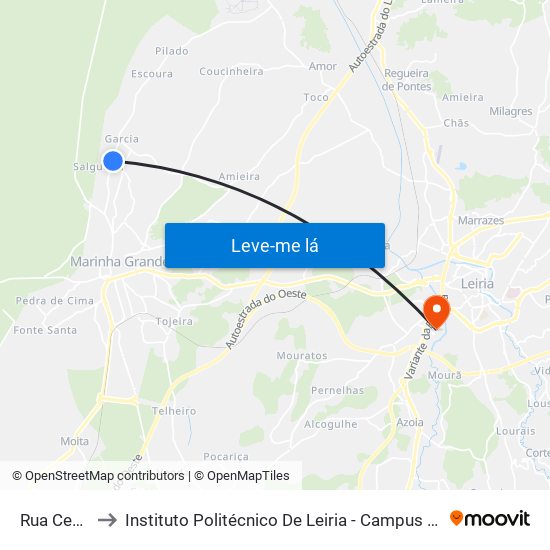 Rua Central 1 to Instituto Politécnico De Leiria - Campus 2 Estg / Esslei / Ued map