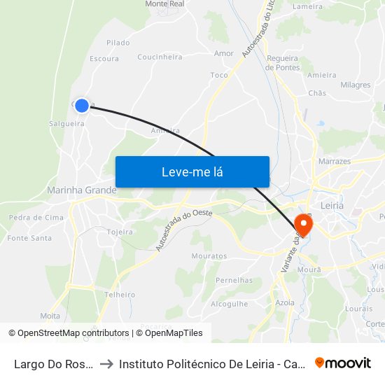 Largo Do Rossio (Capela) to Instituto Politécnico De Leiria - Campus 2 Estg / Esslei / Ued map