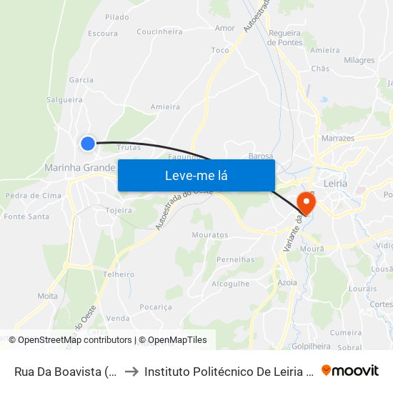 Rua Da Boavista (Jardim De Infância) to Instituto Politécnico De Leiria - Campus 2 Estg / Esslei / Ued map