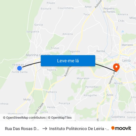 Rua Das Rosas Da Pedra De Baixo 2 to Instituto Politécnico De Leiria - Campus 2 Estg / Esslei / Ued map