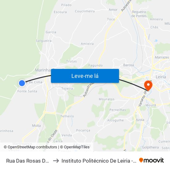 Rua Das Rosas Da Pedra De Baixo 1 to Instituto Politécnico De Leiria - Campus 2 Estg / Esslei / Ued map