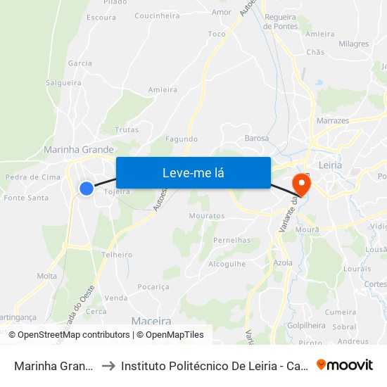 Marinha Grande (Estação) to Instituto Politécnico De Leiria - Campus 2 Estg / Esslei / Ued map