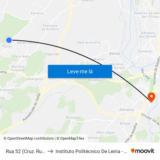 Rua 52 (Cruz. Rua Da Manilharte) to Instituto Politécnico De Leiria - Campus 2 Estg / Esslei / Ued map