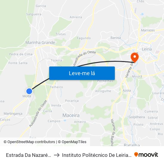 Estrada Da Nazaré (Rua 23 De Outubro) to Instituto Politécnico De Leiria - Campus 2 Estg / Esslei / Ued map