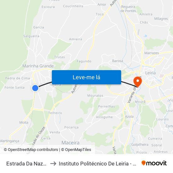 Estrada Da Nazaré (Almeirinha) to Instituto Politécnico De Leiria - Campus 2 Estg / Esslei / Ued map