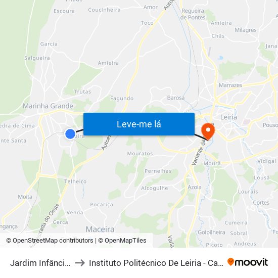 Jardim Infância Pedrulheira to Instituto Politécnico De Leiria - Campus 2 Estg / Esslei / Ued map