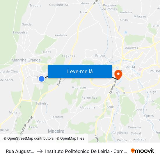 Rua Augusto Costa 1 to Instituto Politécnico De Leiria - Campus 2 Estg / Esslei / Ued map