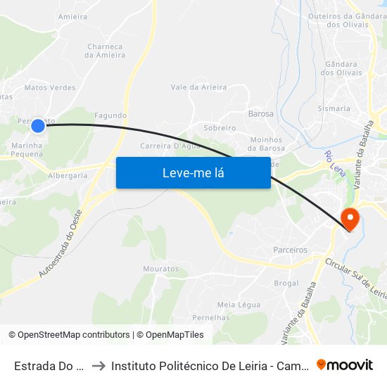 Estrada Do Pero Neto to Instituto Politécnico De Leiria - Campus 2 Estg / Esslei / Ued map