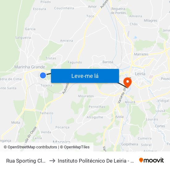 Rua Sporting Clube Marinhense to Instituto Politécnico De Leiria - Campus 2 Estg / Esslei / Ued map