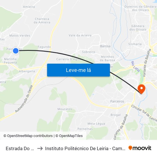 Estrada Do Pero Neto to Instituto Politécnico De Leiria - Campus 2 Estg / Esslei / Ued map