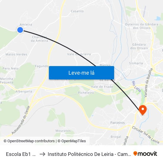 Escola Eb1 Da Amieira to Instituto Politécnico De Leiria - Campus 2 Estg / Esslei / Ued map