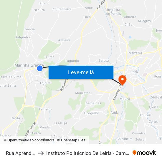 Rua Aprendiz Vidreiro to Instituto Politécnico De Leiria - Campus 2 Estg / Esslei / Ued map