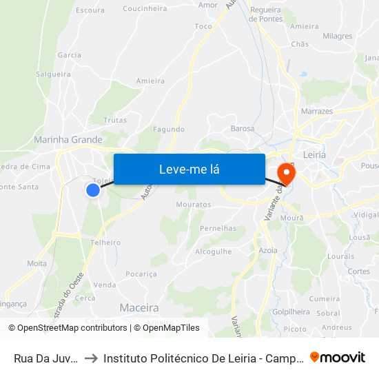 Rua Da Juventude 2 to Instituto Politécnico De Leiria - Campus 2 Estg / Esslei / Ued map