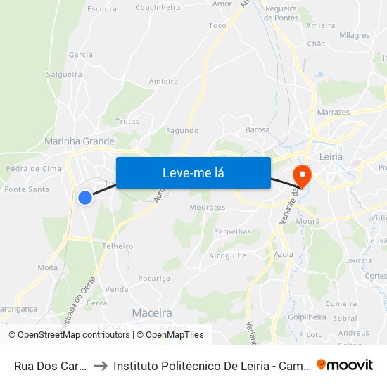 Rua Dos Carreirinhos 1 to Instituto Politécnico De Leiria - Campus 2 Estg / Esslei / Ued map