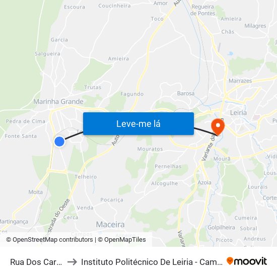 Rua Dos Carreirinhos 2 to Instituto Politécnico De Leiria - Campus 2 Estg / Esslei / Ued map