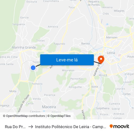 Rua Do Progresso to Instituto Politécnico De Leiria - Campus 2 Estg / Esslei / Ued map