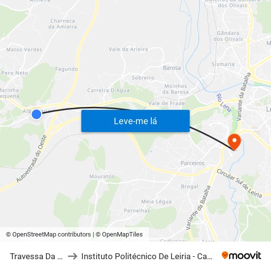 Travessa Da Rua Central to Instituto Politécnico De Leiria - Campus 2 Estg / Esslei / Ued map