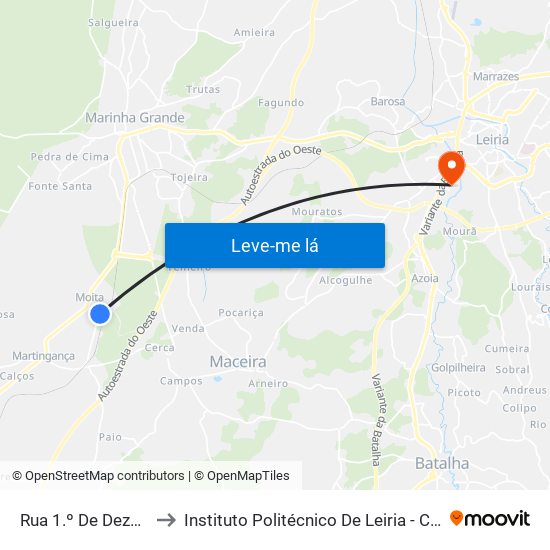 Rua 1.º De Dezembro (Escola) to Instituto Politécnico De Leiria - Campus 2 Estg / Esslei / Ued map
