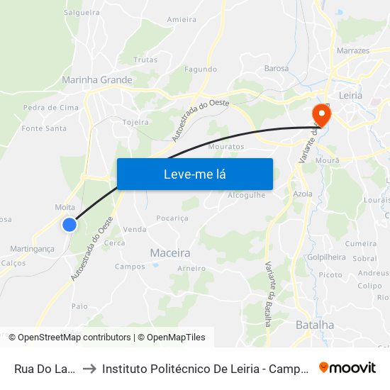 Rua Do Lavadouro to Instituto Politécnico De Leiria - Campus 2 Estg / Esslei / Ued map