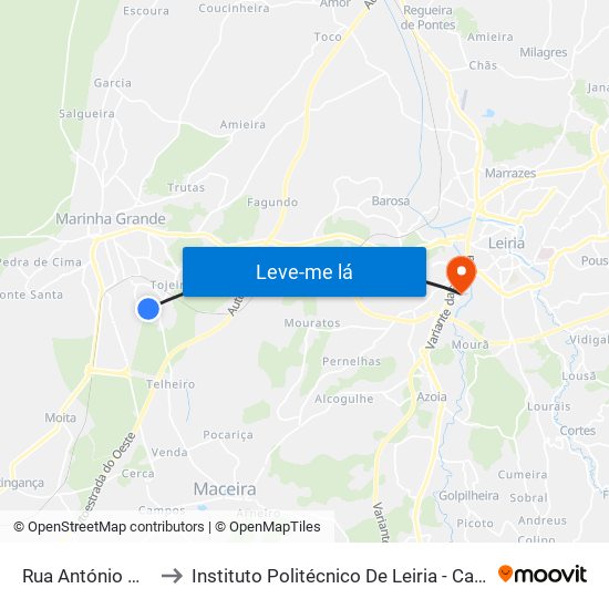 Rua António Maria Da Silva to Instituto Politécnico De Leiria - Campus 2 Estg / Esslei / Ued map