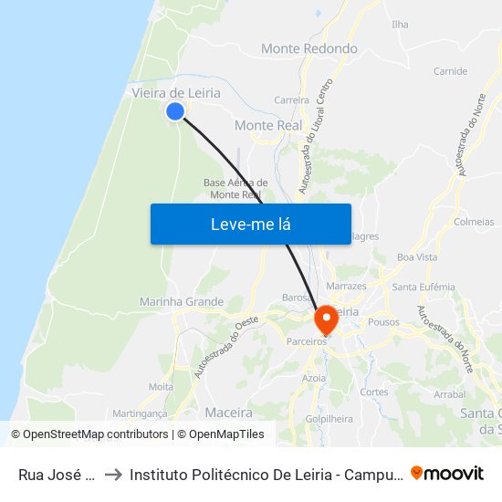 Rua José Moreira to Instituto Politécnico De Leiria - Campus 2 Estg / Esslei / Ued map