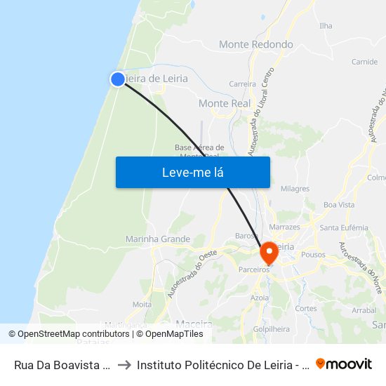 Rua Da Boavista (Capela Da Praia) to Instituto Politécnico De Leiria - Campus 2 Estg / Esslei / Ued map