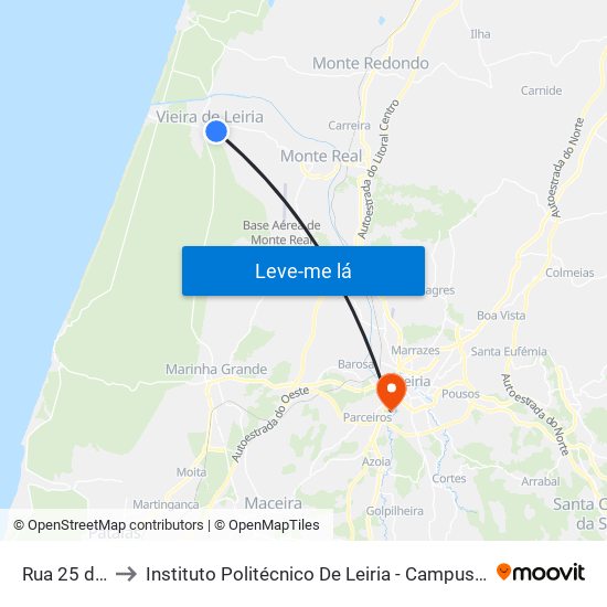 Rua 25 De Abril to Instituto Politécnico De Leiria - Campus 2 Estg / Esslei / Ued map