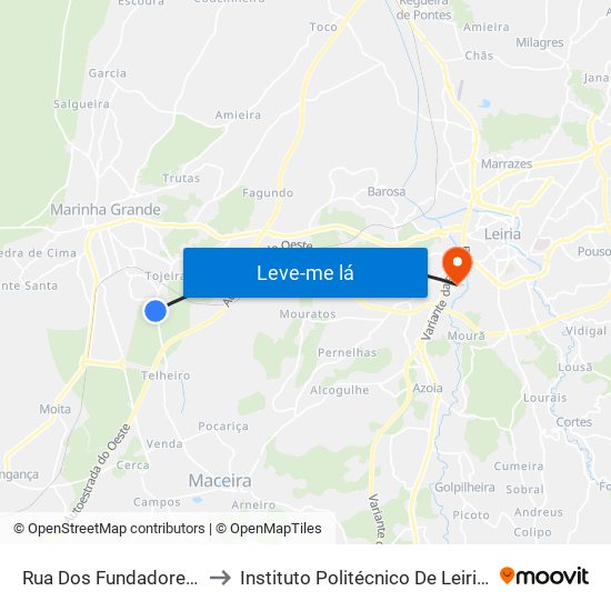 Rua Dos Fundadores (Estrada Da Macieira) to Instituto Politécnico De Leiria - Campus 2 Estg / Esslei / Ued map