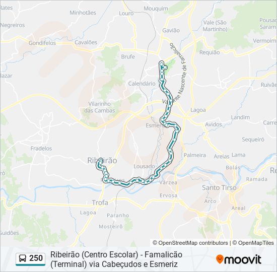 Mapa da linha do autocarro 250.