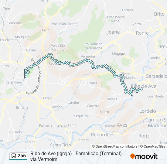 Mapa da linha do autocarro 256.