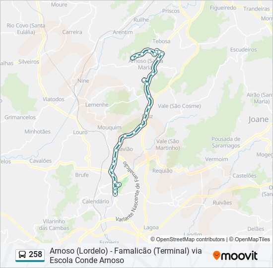 Mapa da linha do autocarro 258.