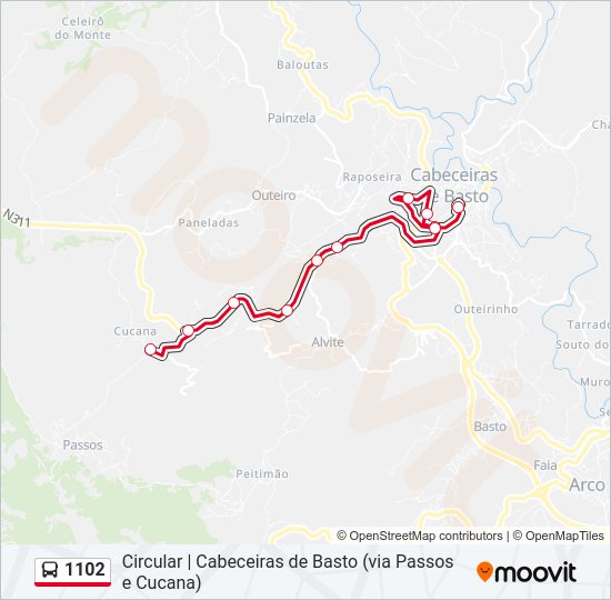 Mapa da linha do autocarro 1102.
